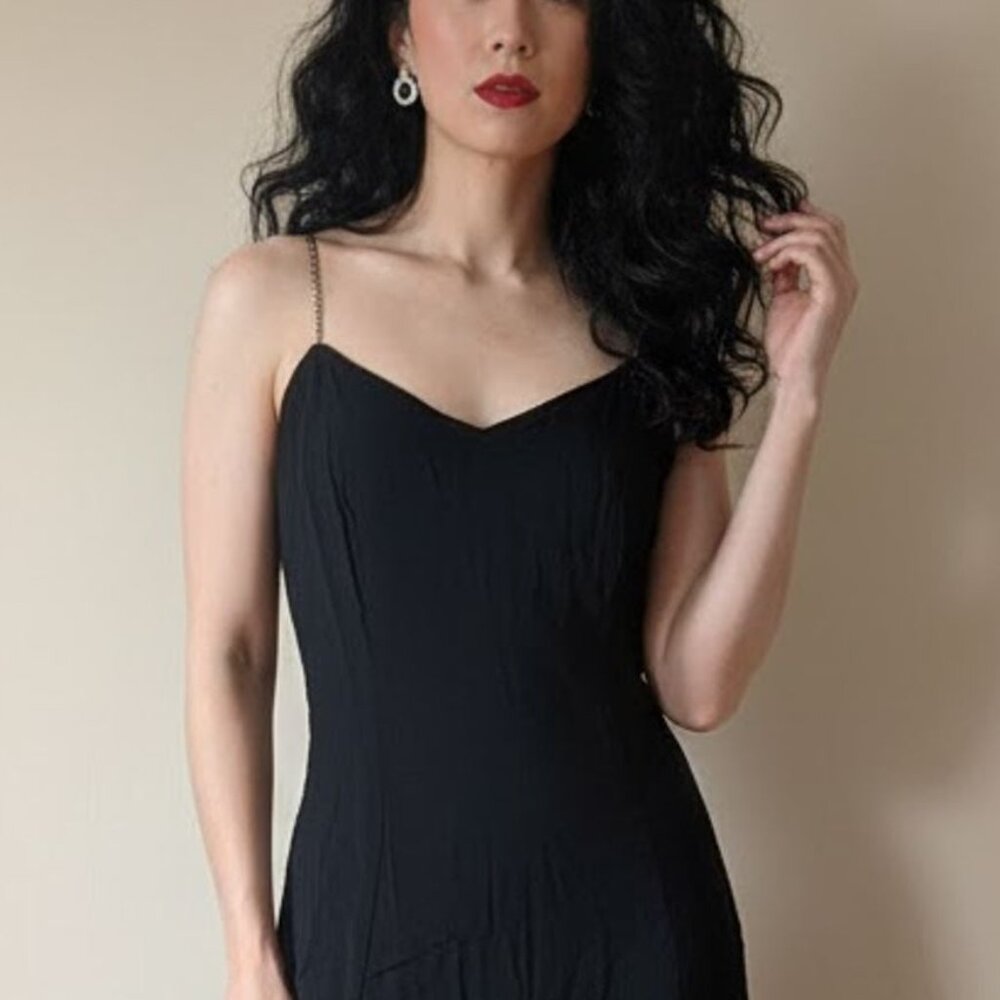 VTG CAROL ANDERSON Black Maxi Dress sz 7/8 Rhinestone Spaghetti Straps Formal
